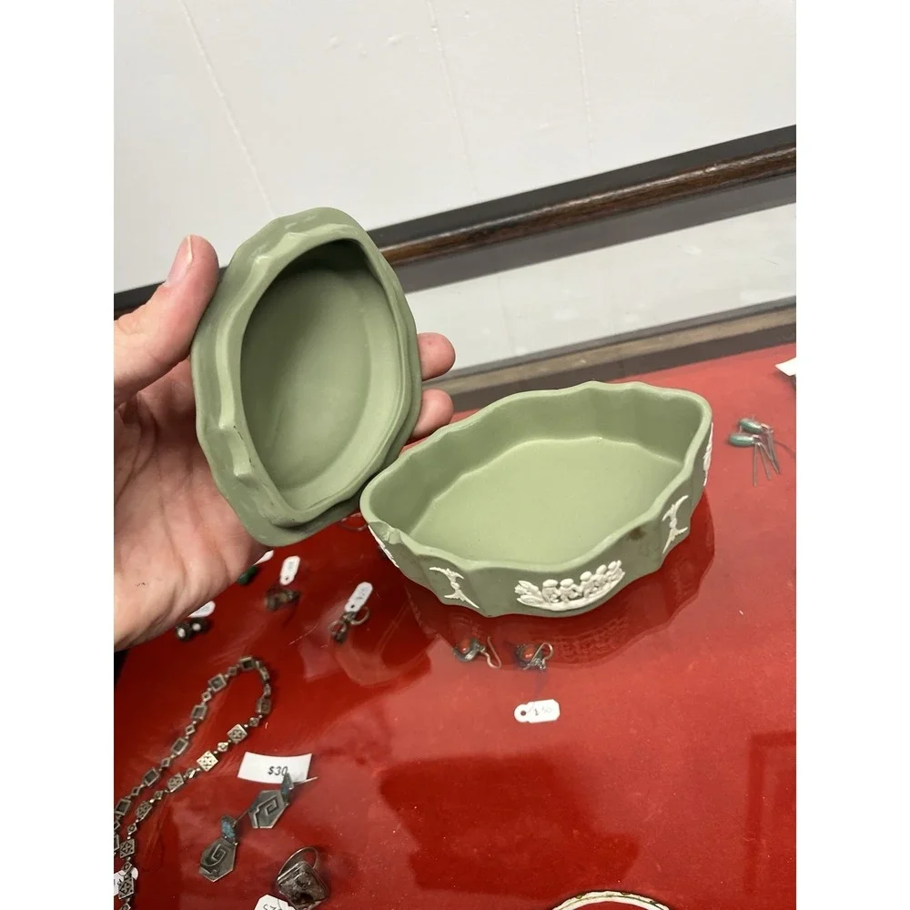 Wedgwood Sage Green Jasperware Oval Lidded Trinket Box Cherubs 4 1/2